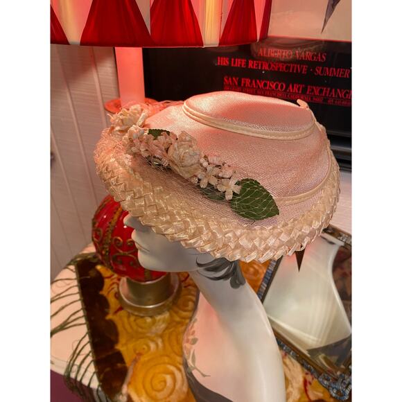 vintage 1950s pale pink saucer hat tulle and flowers 50s fashion easter wedding - Picture 5 of 8